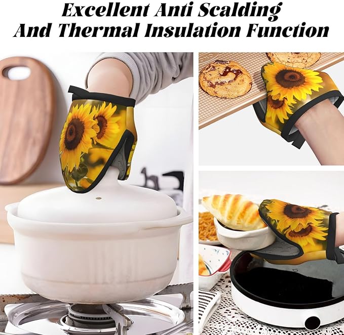 1 Pcs Mini Silicone Oven Mitts Autumn Sunflowers Heat Resistant Grilling Gloves with Hanging Loop, Fall Floral Little Kitchen Mittens for Cooking Baking BBQ