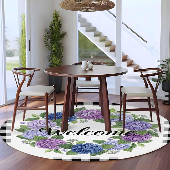 Washable Round Area Rug Summer Hydrangea Leaf Circle Rugs Floor Carpet for Living Room Bedroom, Purple Blue Flower Buffalo Check Soft Non Slip Round Rug 5ft