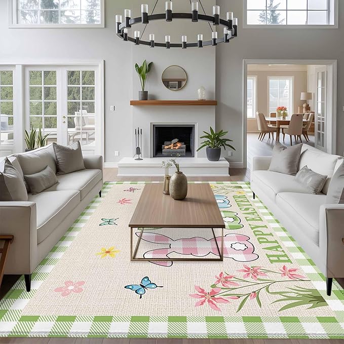 Area Rug 6x9ft, Happy Easter Bunny Shadow Flowers Washable Rugs for Living Room Bedroom, Retro Linen Cotton and Grid Soft Non-Slip Area Rugs Rectangle Floor Carpet for Dining Room