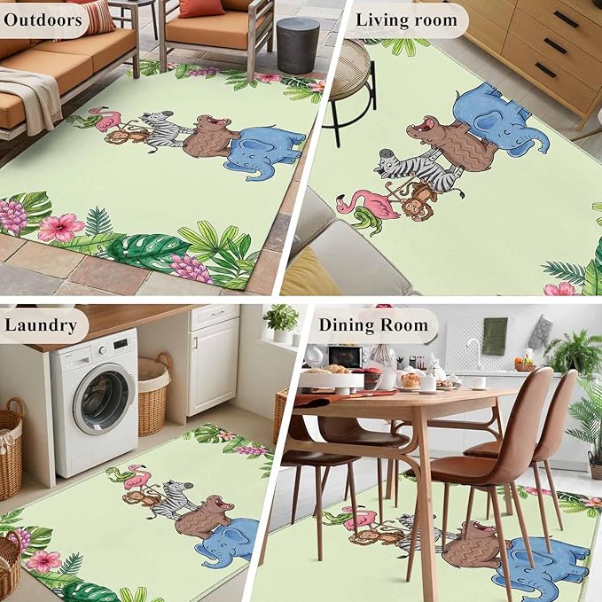 Area Rug 3x5ft, Funny Elephant Zebra Flamingo Washable Rugs for Living Room Bedroom, Tropical Leaves Floral Soft Non-Slip Area Rugs Rectangle Floor Carpet for Dining Room