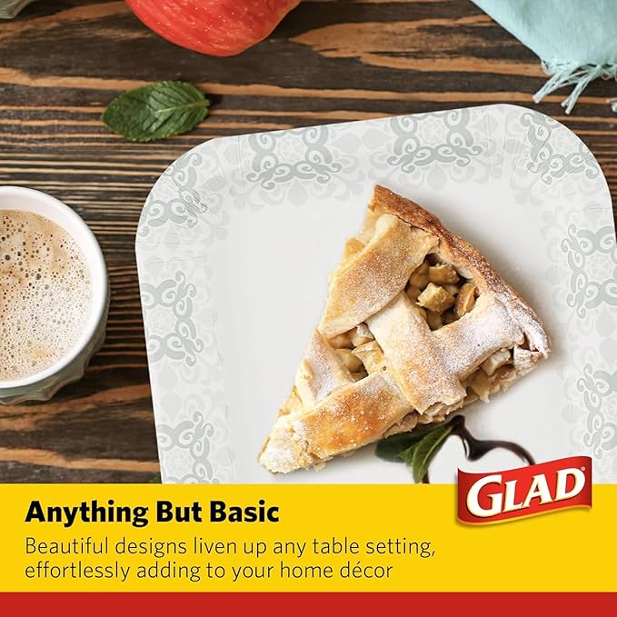 Glad Square Heavy Duty Paper Plates, Soak Proof and Cut Proof Disposable Plates for Parties and Everyday Meals, Microwaveable for Easy Serving, Grey Victorian Pattern, 7 Inch, 50 Count - 12 Pack