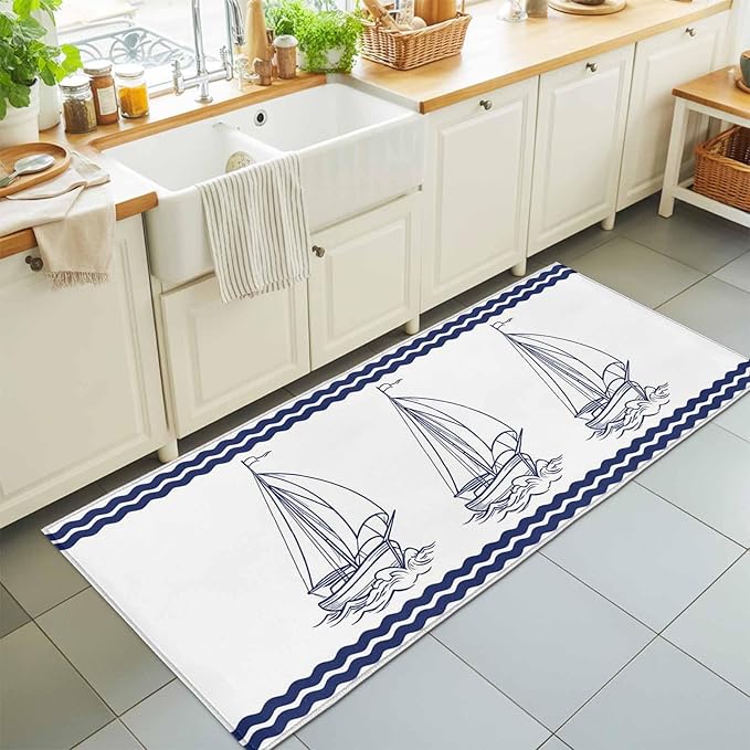 Runner Rug for Bedroom Hallway, Summer Ocean Nautical Sailboat Kitchen Runner Rugs Area Rug 2x6ft, Marine Theme Navy Blue Stripe Washable Soft Floor Carpet for Entryway Stair