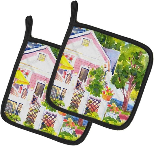 Caroline's Treasures 6130PTHD White Cottage at The Beach Pair of Pot Holders Kitchen Heat Resistant Pot Holders Sets Oven Hot Pads for Cooking Baking BBQ, 7 1/2 x 7 1/2