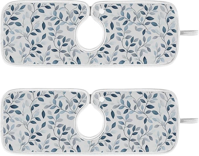 Kitchen Faucet Absorbent Mat,Green Gray Leaf Water Splash Guard for Sink, Faucet Drip Catcher Thicken Sponge Microfiber Faucet Water Catcher Mat Sink Absorbent Mat for Kitchen 14x5in 2 Pack
