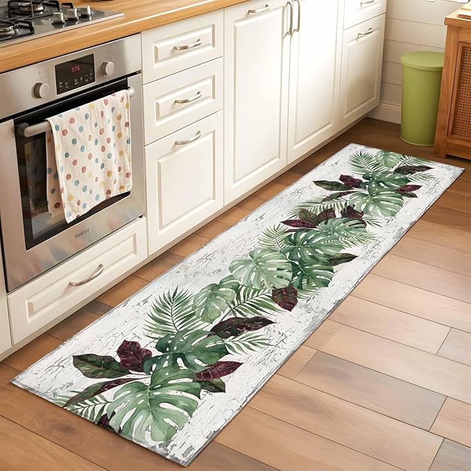 Runner Rug for Bedroom Hallway, Summer Green Monstera Palm Leaves Kitchen Runner Rugs Area Rug 2x6ft, Vintage Botantical Washable Soft Floor Carpet for Entryway Stair