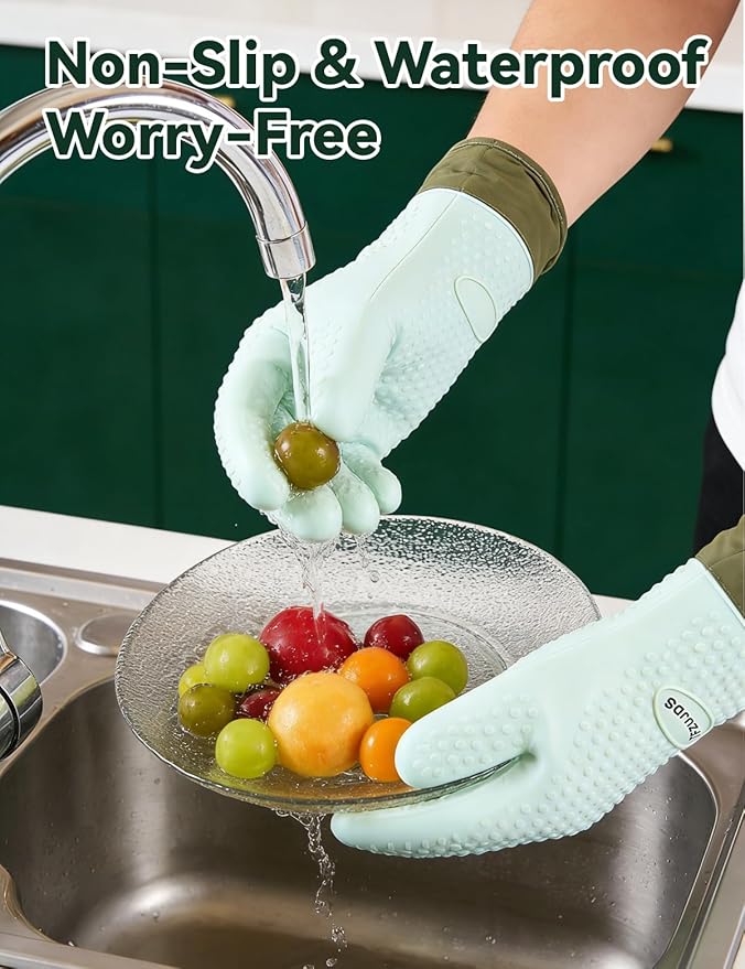 Silicone Oven Mitts with Five-Finger Design, Extended Cuff & Soft Cotton Lining – Heat Resistant, Waterproof, Non-Slip Oven Gloves for Baking, Cooking, Grilling, Safe Grip on Hot Cookware - Green