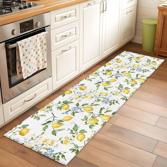 Runner Rug for Bedroom Hallway, Summer Watercolor Lemon Flower Kitchen Runner Rugs Area Rug 2x6ft, Spring Farm Fruit Green Leaf Washable Soft Floor Carpet for Entryway Stair
