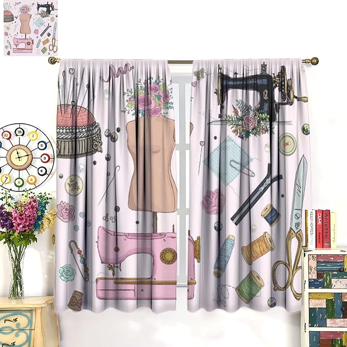 Fashion Blackout Curtain,Clothes Sewing Theme for Women Girls Watercolor Style Window Curtains Dining Room Kitchen Bedroom Living Room Office Nursery Drapes,55x63 in