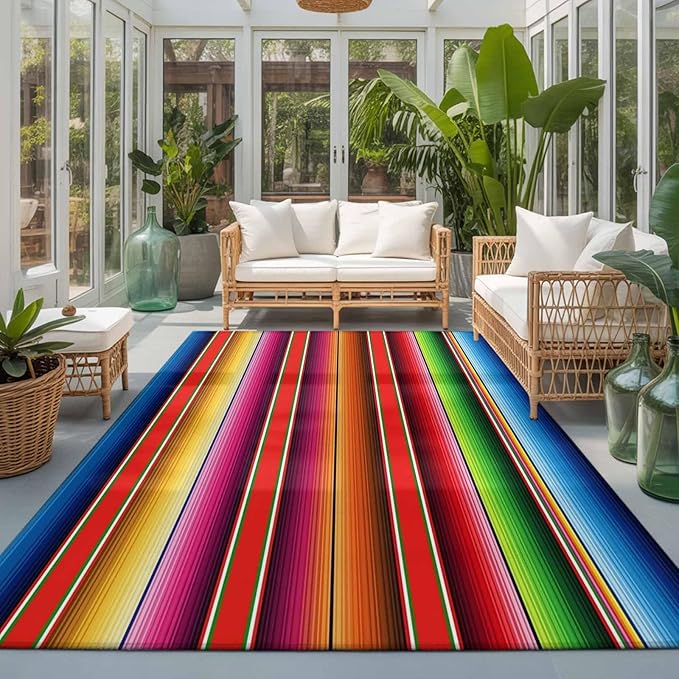 Area Rug 3x5ft, Mexican Stripes Vintage Ethnic Washable Rugs for Living Room Bedroom, Native American Stripe Soft Non-Slip Area Rugs Rectangle Floor Carpet for Dining Room