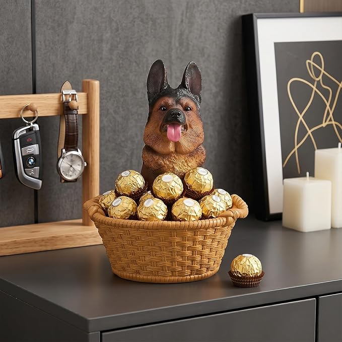 Cute German Shepherd Candy Bowl, Resin Dog Figurine Key Bowl for Entryway Table, Desktop Storage Basket Organizer for Desk, Unique Dog Lover Gift