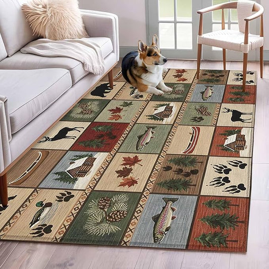 Area Rug 4x6ft, Vintage Bear Forest Deer Fish Village Washable Rugs for Living Room Bedroom, Retro Wildlife Themes Soft Non-Slip Area Rugs Rectangle Floor Carpet for Dining Room