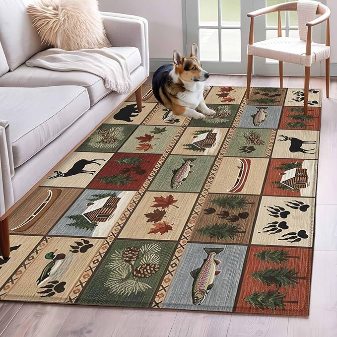 Area Rug 3x5ft, Vintage Bear Forest Deer Fish Village Washable Rugs for Living Room Bedroom, Retro Wildlife Themes Soft Non-Slip Area Rugs Rectangle Floor Carpet for Dining Room