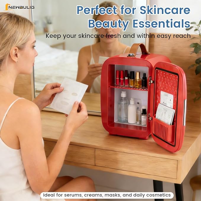 NEWBULIG Mini Fridge for Bedroom, Office & Car, Portable 4L/4.23QT Mini Refrigerator for Skincare with Handle, Ultra-Quiet Energy-Saving Compact Cooler for Drinks, Food, Skincare & Makeup, 12V AC/DC