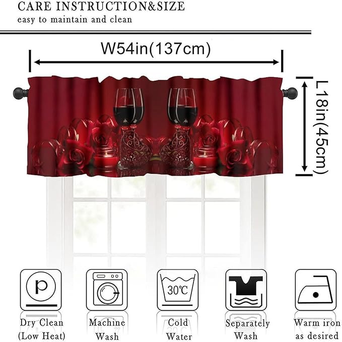 Red Wine Curtain Valance, Romantic Rose Floral Wine Glasses Candle Love Themed Short Window Treatment for Kitchen Dining Date Bedroom Living Room Valentine's Day, 54x18Inch