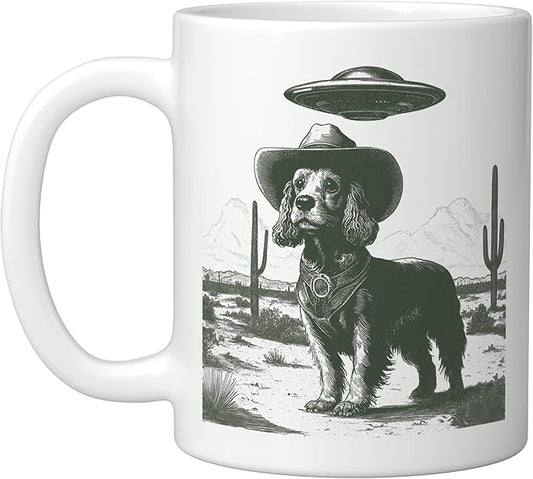 Funny Cowboy Dog UFO Alien Desert Cactus Western Canine Ceramic Mug, White
