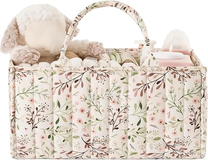 Quilted Fabric Storage Basket Floral Baby Diaper Caddy Quilted Basket for Nursery Bedroom Car Storage (L- Beige 03)