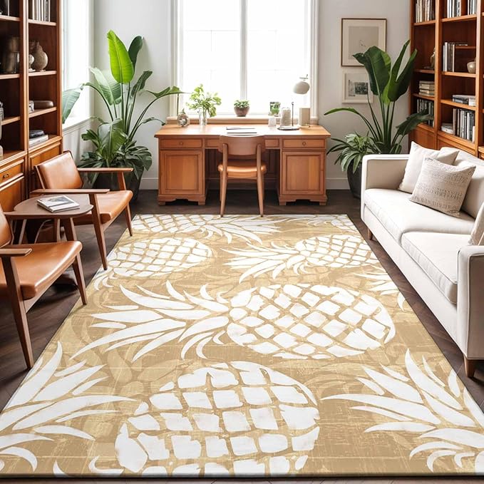 Area Rug 8x10ft, Summer Fruit Pineapple Washable Rugs for Living Room Bedroom, Rustic Vintage Tropical Leaves Soft Non-Slip Area Rugs Rectangle Floor Carpet for Dining Room