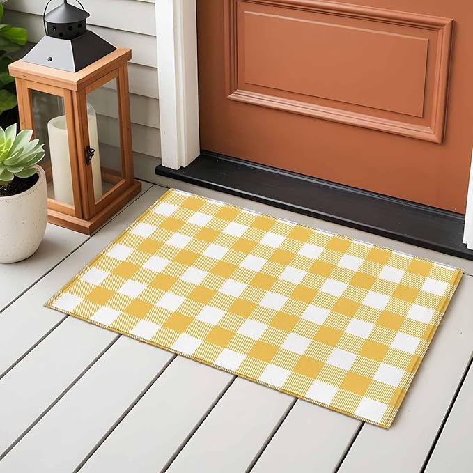 Area Rug 2x3ft, Rustic Country Yellow and White Buffalo Lattice Checked Washable Rugs for Living Room Bedroom, Farm Style Soft Non-Slip Area Rugs Rectangle Floor Carpet for Dining Room
