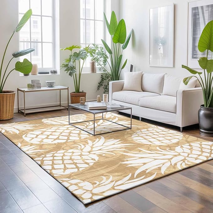 Area Rug 4x6ft, Summer Fruit Pineapple Washable Rugs for Living Room Bedroom, Rustic Vintage Tropical Leaves Soft Non-Slip Area Rugs Rectangle Floor Carpet for Dining Room