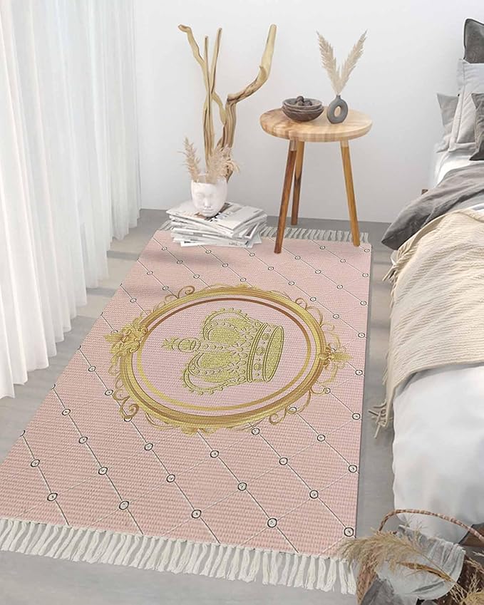 Kitchen Runner Rugs, Golden Crown Queen Pink Lattice 3'x5' Throw Rug with Tassels, White Dot Washable Soft Floor Carpet Runner for Hallway Bedroom Bathroom Laundry Room