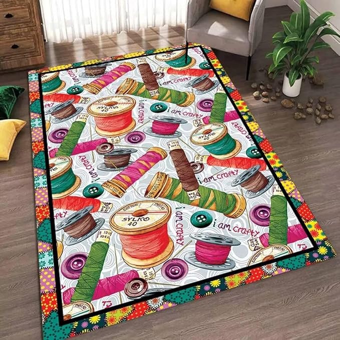 Vintage Sewing Machine Themed Area Rug for Hallway Non-Slip Fun Sewing Needlework Thread Print Area Rugs Couch Decor Low Pile Fashion Buttons Elements Carpet 2'x3'