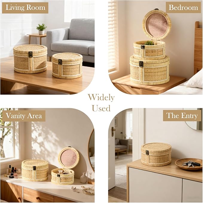 2PCS Rattan Storage Boxes with Lids Wooden Frame Decorative Natural Rattan Round Baskets Set Handmade Woven Wicker Keepsake Memory Jewelry Box Bin Boho Cane Desktop Organizer Container