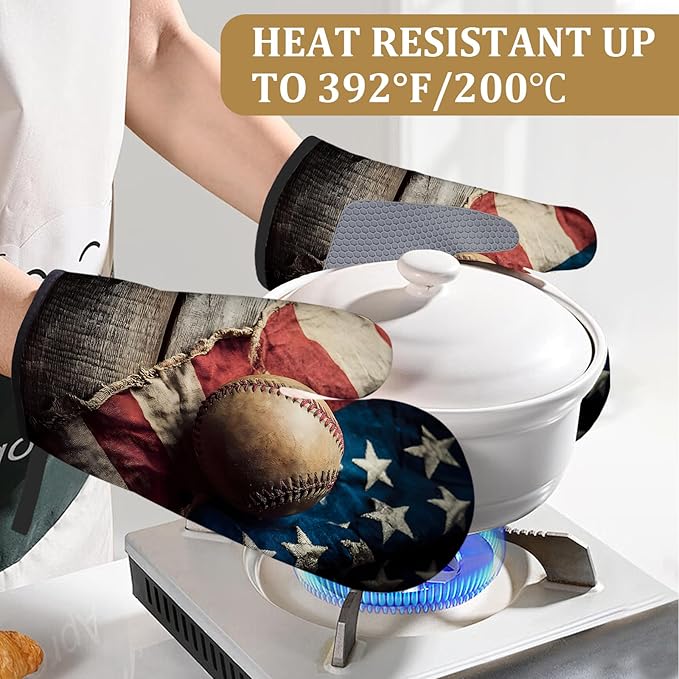 Vintage American Flag Baseball Oven Mitts and Pot Holders Sets 4Pcs Silicone Kitchen Gloves Heat Resistant Potholders for Baking Cooking Grilling BBQ