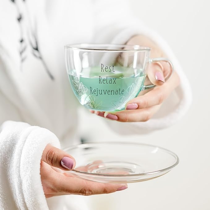 Pavilion Gift Company - Rest Relax Rejuvenate - 7 oz Teacup And 5.25" Saucer Plate Set Expresso Shot Tea Party Cappuccino Coffee Mug Drinkware Glass Tranquil Self Care Affirmations Positivity