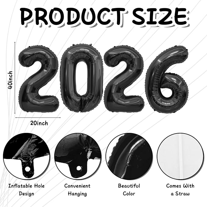 2026 Black Foil Numbers Balloons(40 Inch) Happy New Years Eve Party Supplies 2026 New Year Graduation Balloons Decorations 20 26 Signs Props Birthday Anniversary Wedding Festival Ornament Decor