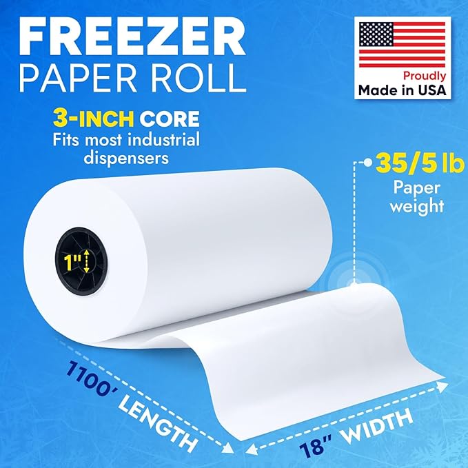 18" x 13200" (1100') Made in USA White Freezer Paper Roll – Moisture-Resistant Wrap, Prevents Freezer Burn, Keeps Meat Fresh for up to 1 year – Plastic Coated Paper for Meat, Fish, and Poultry