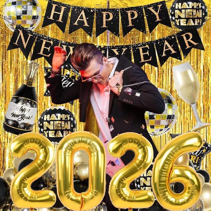 Happy New Year Party Decoration 2026 Foil Balloon Banner and Curtains Disco Balloons Champagne Balloon New Years Eve Black and Gold Party Supplies Decorations