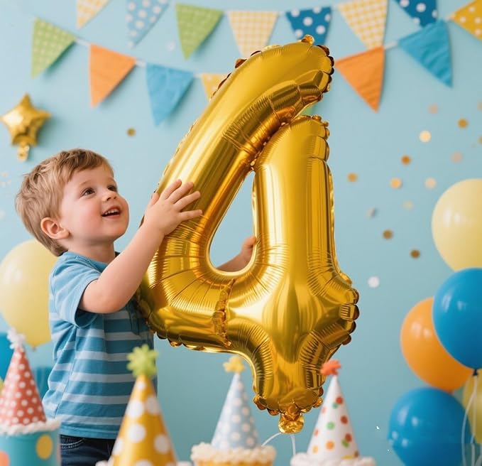 Gold 4 Balloon Number for 4th Birthday Decorations, 40 Inch Big Number Balloons for 4 14 40 Anniversaries Celebration Graduation Wedding