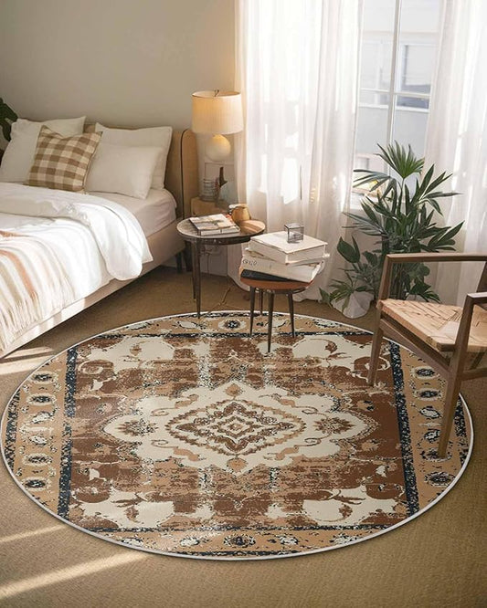 Round Area Rug,Retro Brown Pattern Ethnic Style Circle Living Room Rug Non-Slip Rugs Indoor Carpet,Abstract Flower Tribal Art Soft Comfort Rugs for Bedroom KidsRoom Nursery