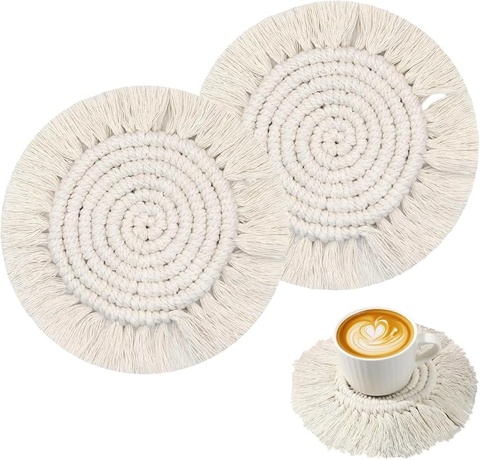 Desk Coasters Set of 2, Cute Coaster for Desk, Round Handmade Woven Coaster for Boho Home Decor, CupCoasters for Office Kitchen Dining Room Bar Farmhouse, Coasters Set for Drinks, Beer, Coffee