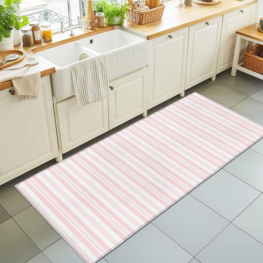 Runner Rug for Bedroom Hallway, Abstract Leaf Geometric Line Kitchen Runner Rugs Area Rug 2x6ft, Modern Pink Stripe Theme Washable Soft Floor Carpet for Entryway Stair