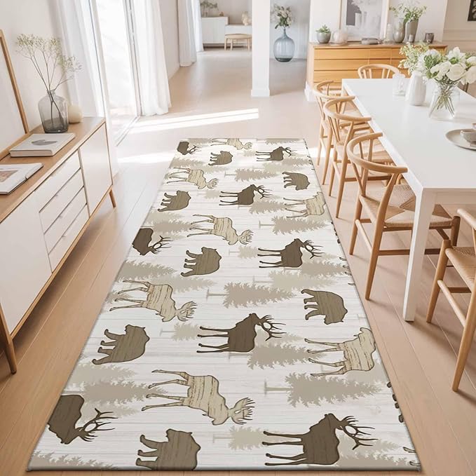 Runner Rug for Bedroom Hallway, Animal Moose Bears Kitchen Runner Rugs Area Rug 2x6ft, Retro Rustic Pine Trees Washable Soft Floor Carpet for Entryway Stair