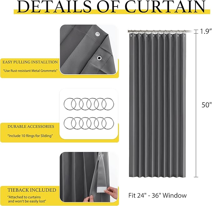 NICETOWN Door Blinds Short Window Curtains Blackout - Privacy Energy Saving Curtains for Bedroom Bathroom Basement Living Room Kitchen, Accordion Door Shade, W38 x L50 inches, Grey, 1 Panel