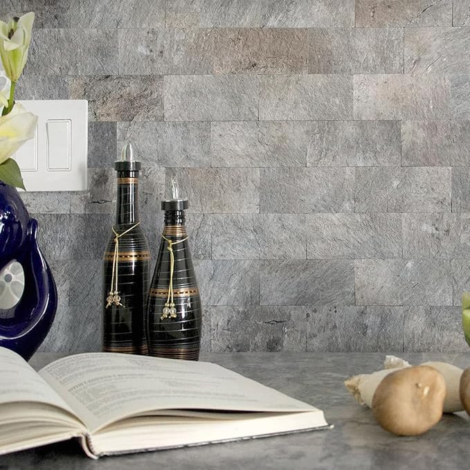 AULIGET 4 Pieces Mountain Rock Peel and Stick Backsplash Wall Tile, 3" x 6" PVC Faux Stone Stick on Tiles for Backsplash Kitchen and Bathroom, 4 Pieces
