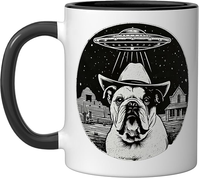 Retro UFO Cowboy Bulldog Western Sci Fi Alien Ceramic Mug, Black/White