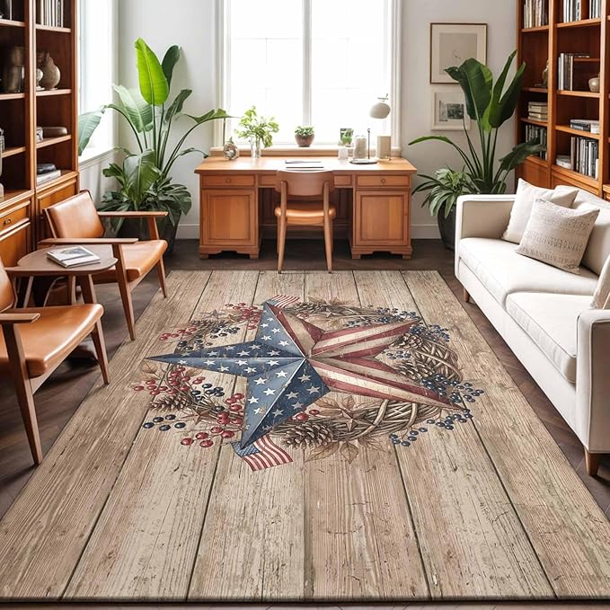 Area Rug 9x12ft, Independence Day USA Flag Star Washable Rugs for Living Room Bedroom Rectangle Floor Carpet, Farm Wood Background Soft Non-Slip Area Rugs for Dining Room