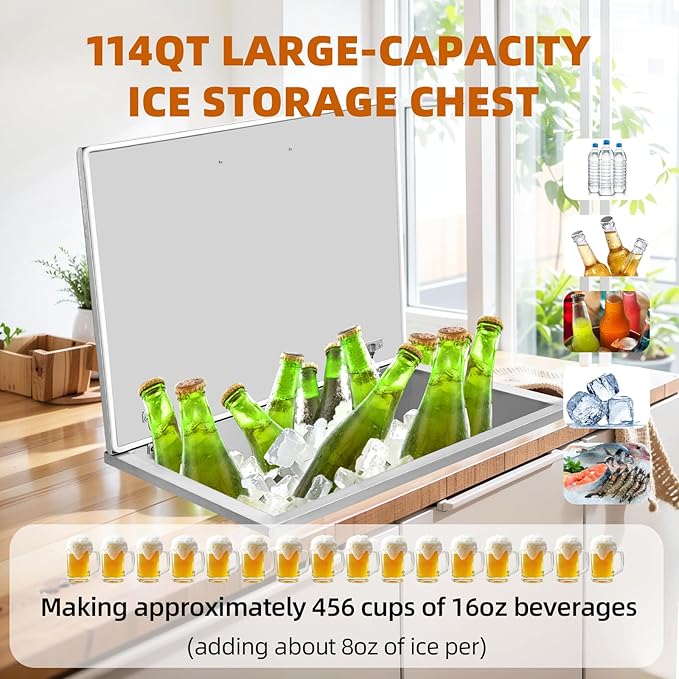 Drop in Ice Chest, 20''L x 14''W x 13''H Stainless Steel Ice Cooler, Commercial Ice Bin with Hinged Cover, 32QT Outdoor Kitchen Ice Bar, Drain-Pipe and Drain Plug Included, Ice Bin for Cold Wine Beer