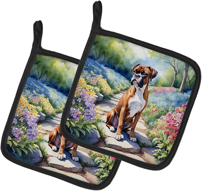 Caroline's Treasures Boxer Spring Path Pair of Pot Holders Kitchen Heat Resistant Pot Holders Sets Oven Hot Pads for Cooking Baking BBQ, 7 1/2 x 7 1/2