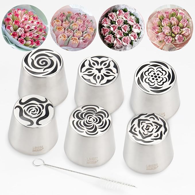 Extra Large Russian Piping Tip Set - 6 Stainless Steel Marshmallow Buttercream Framing Nozzles for 3D Roses Tulip Cake Decorations and Marshmallow Bouquets, Includes 1 Cleaning Brush(6J)