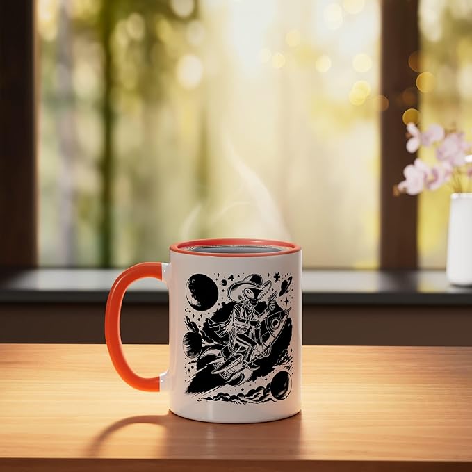 Alien Lover Flying Saucer UFO Extraterrestrial Cowboy Ceramic Mug, Orange/White
