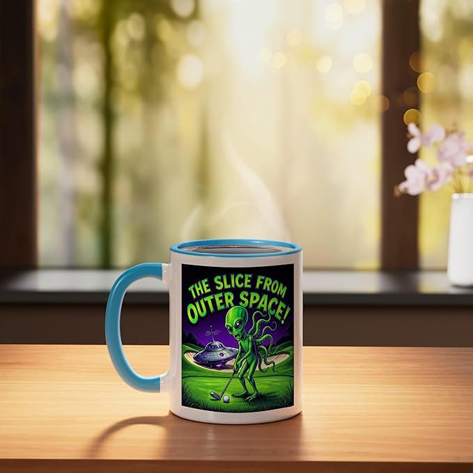 Funny Golfing Alien The Slice From Outer Space Retro UFO Ceramic Mug, Blue/White