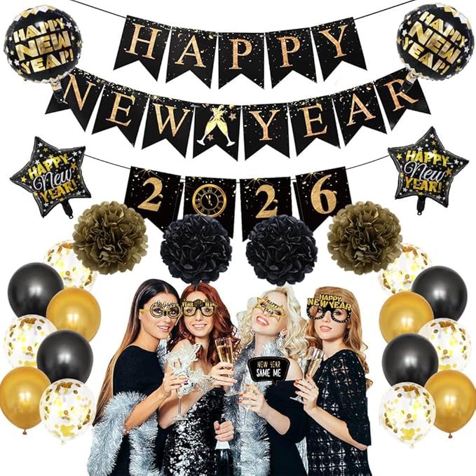 Happy New Year Decorations 2026, New Years Nye Eve Party Supplies Banner, Balloons, Fringe Curtain, Swirls for Party Photography Backdrops, Black Gold