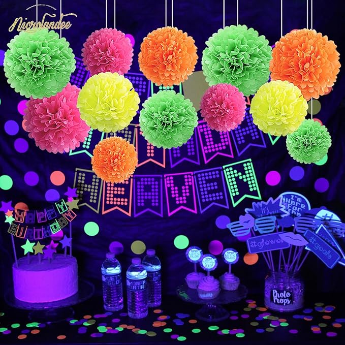 NICROLANDEE Blacklight Party Decorations - 12 PCS Fluorescent Neon Tissue Paper Pom Poms for Birthday, Wedding, Baby Shower, Glow-in-The-Dark, Neon, Prom Dance Party Photography