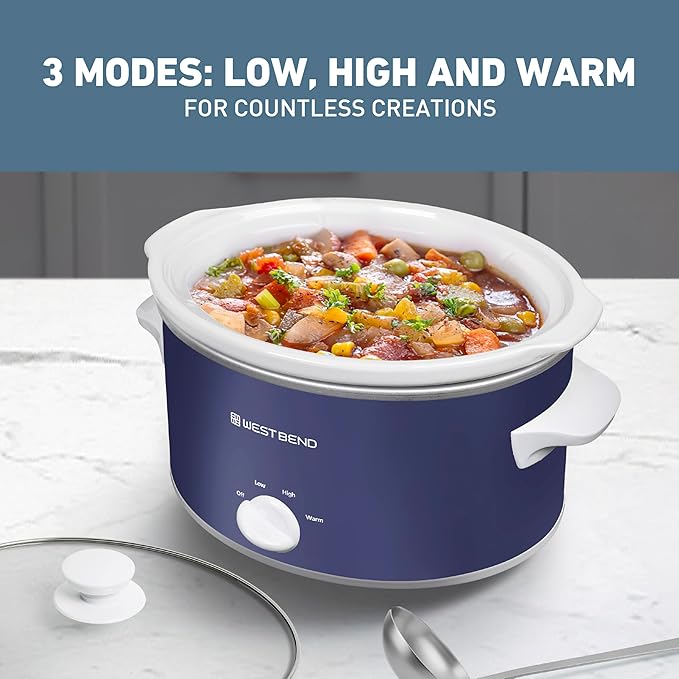 West Bend Slow Cooker 4-Quart Manual Crockery Style with Dishwasher Safe Oval Ceramic Crockpot and Glass Lid Two Temperature Settings Plus Keep Warm, 210-Watts, Navy