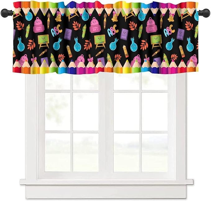 School Supplies Valance, Colorful Cartoon Crayon Pencil Educational Learning Window Treatment for Kitchen Bedroom Study Room Classroom, 54x18Inch