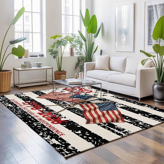 Area Rug 9x12ft, Independence Day 250th Anniversary Washable Rugs for Living Room Bedroom Rectangle Floor Carpet, Retro USA Flags Soft Non-Slip Area Rugs for Dining Room